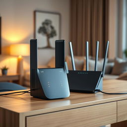 A sleek and modern slider image showcasing a high-tech modem and router placed on a stylish wooden desk