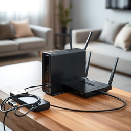 A sleek and modern slider image showcasing a high-tech modem and router placed on a stylish wooden desk