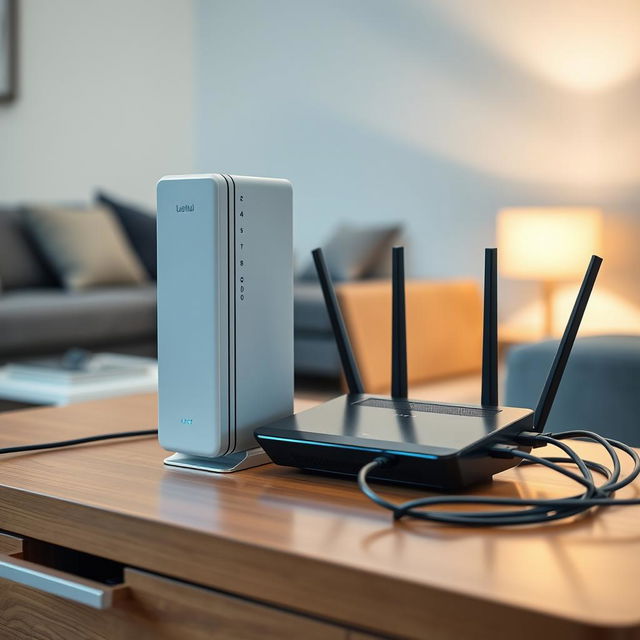 A sleek and modern slider image showcasing a high-tech modem and router placed on a stylish wooden desk