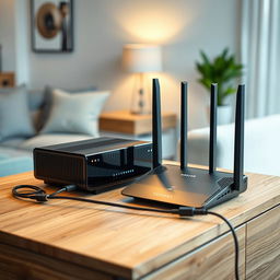 A sleek and modern slider image showcasing a high-tech modem and router placed on a stylish wooden desk