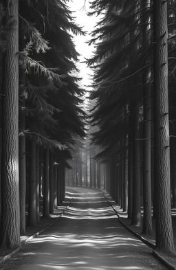 A tranquil path winding through a dense forest of fir trees, captured in a serene grey scale