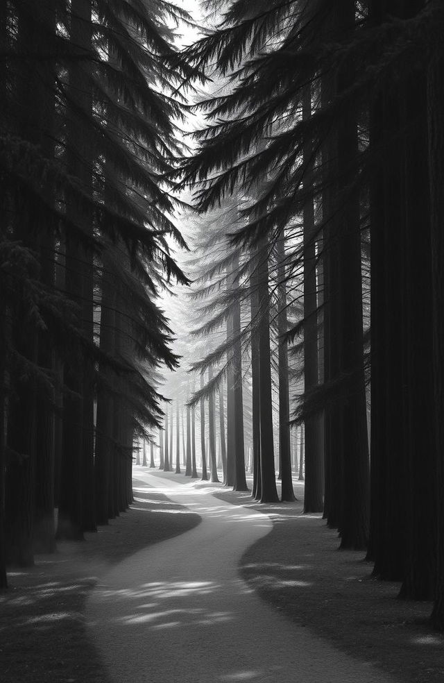 A tranquil path winding through a dense forest of fir trees, captured in a serene grey scale