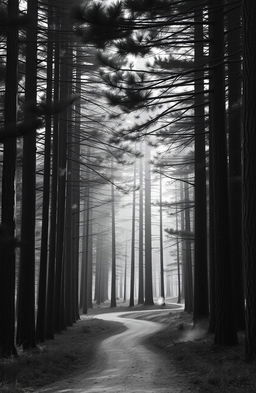 A tranquil path winding through a dense forest of fir trees, captured in a serene grey scale