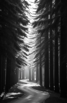A tranquil path winding through a dense forest of fir trees, captured in a serene grey scale