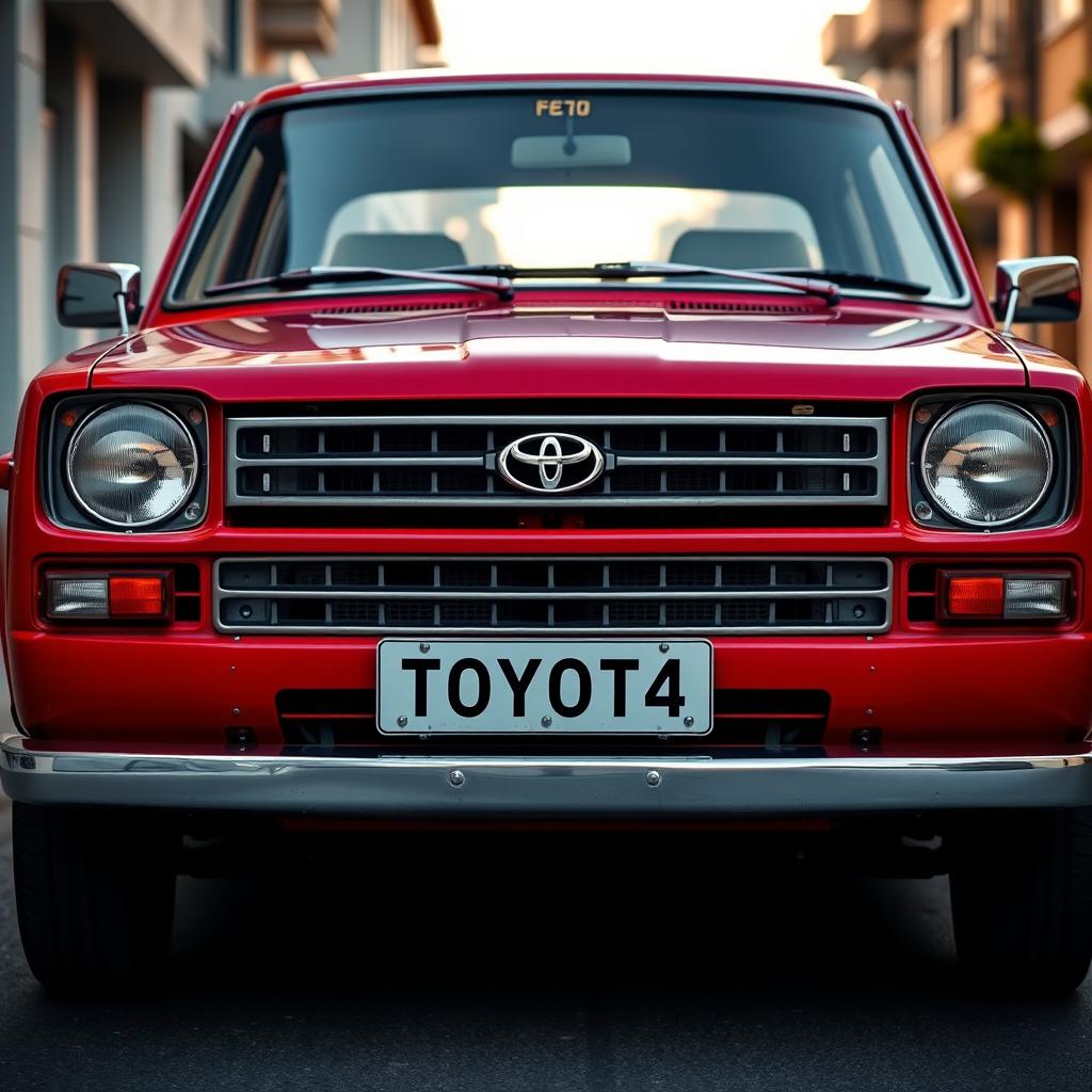 A detailed front view of a classic Toyota KE70, showcasing its iconic design features such as the distinct grille, square headlights, and sleek lines