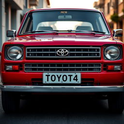 A detailed front view of a classic Toyota KE70, showcasing its iconic design features such as the distinct grille, square headlights, and sleek lines