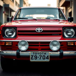 A detailed front view of a classic Toyota KE70, showcasing its iconic design features such as the distinct grille, square headlights, and sleek lines