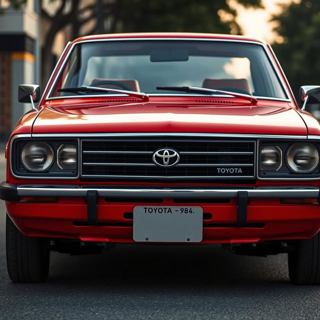 A detailed front view of a classic Toyota KE70, showcasing its iconic design features such as the distinct grille, square headlights, and sleek lines