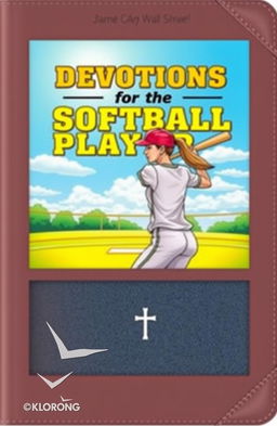 A beautifully designed cover for a devotional book aimed at softball players, featuring an illustration of a female softball player in action, swinging a bat with determination under a bright blue sky