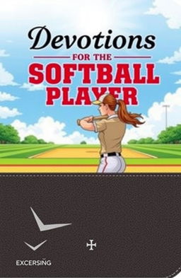 A beautifully designed cover for a devotional book aimed at softball players, featuring an illustration of a female softball player in action, swinging a bat with determination under a bright blue sky
