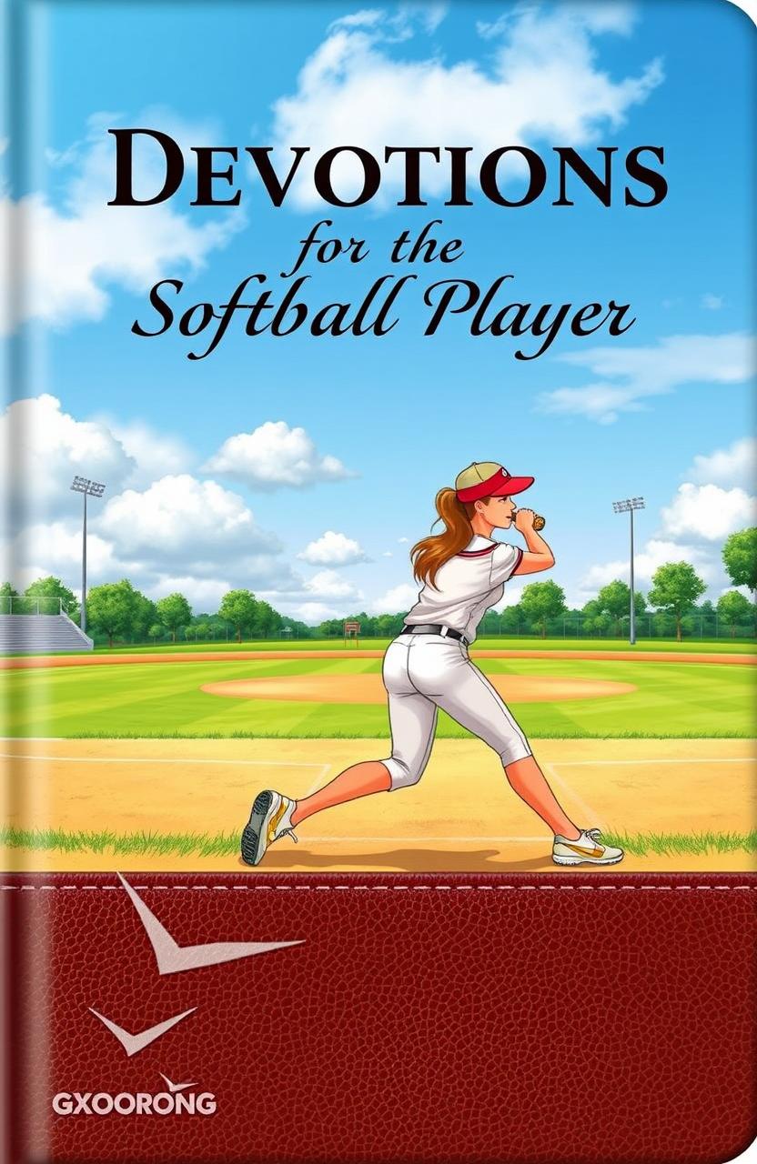 A beautifully designed cover for a devotional book aimed at softball players, featuring an illustration of a female softball player in action, swinging a bat with determination under a bright blue sky