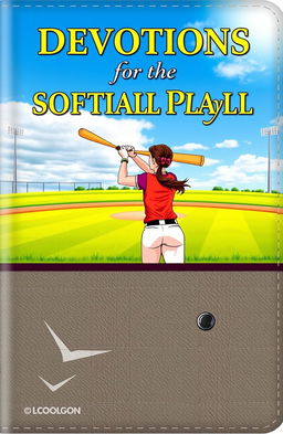 A beautifully designed cover for a devotional book aimed at softball players, featuring an illustration of a female softball player in action, swinging a bat with determination under a bright blue sky