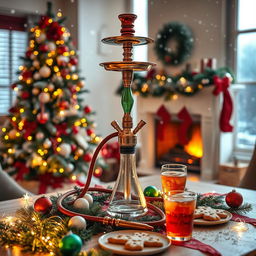 A beautifully decorated Christmas scene featuring a traditional waterpipe (hookah) placed prominently on a festive table adorned with holiday decorations