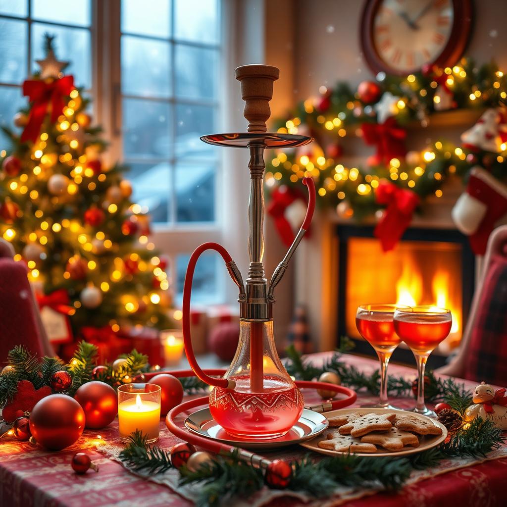 A beautifully decorated Christmas scene featuring a traditional waterpipe (hookah) placed prominently on a festive table adorned with holiday decorations