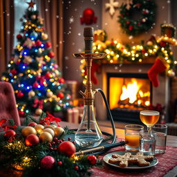A beautifully decorated Christmas scene featuring a traditional waterpipe (hookah) placed prominently on a festive table adorned with holiday decorations