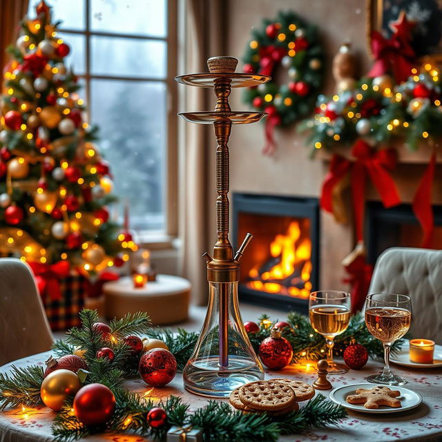 A beautifully decorated Christmas scene featuring a traditional waterpipe (hookah) placed prominently on a festive table adorned with holiday decorations