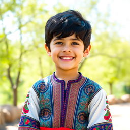 A full-body portrait of a young Iranian boy with black hair, smiling joyfully