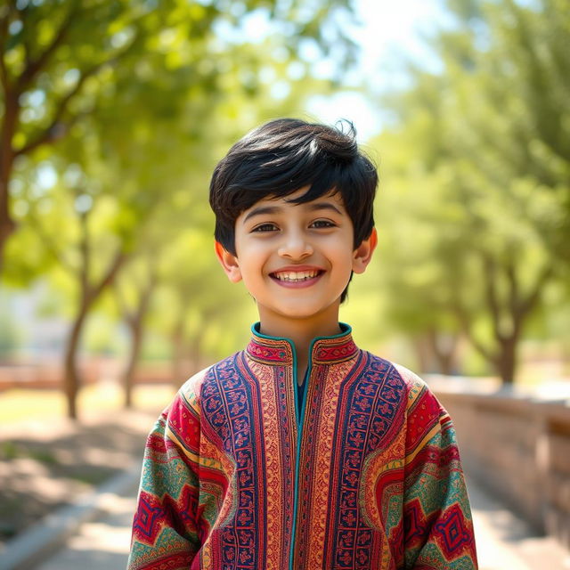 A full-body portrait of a young Iranian boy with black hair, smiling joyfully