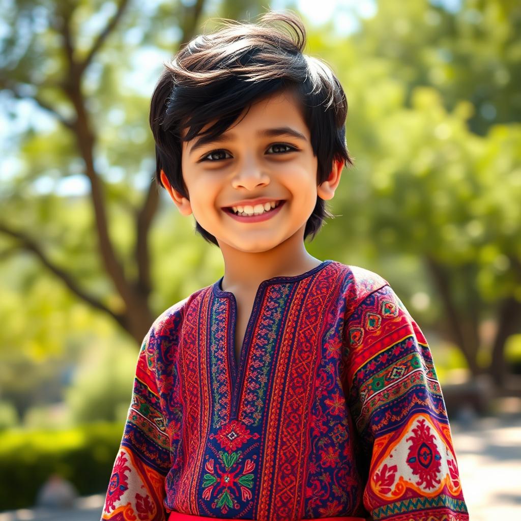 A full-body portrait of a young Iranian boy with black hair, smiling joyfully