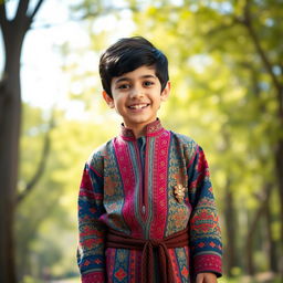 A full-body portrait of a young Iranian boy with black hair, smiling joyfully