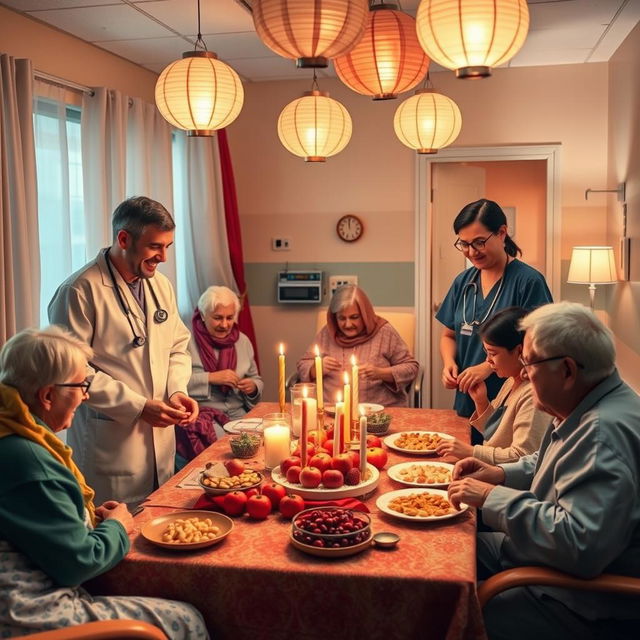 A heartwarming scene depicting Yalda Night celebrations in a hospital setting