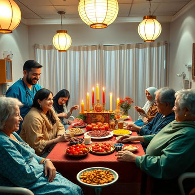 A heartwarming scene depicting Yalda Night celebrations in a hospital setting