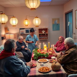 A heartwarming scene depicting Yalda Night celebrations in a hospital setting
