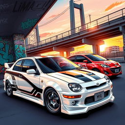 A stunning and artistic illustration of a Toyota KE70 and a Mazda Demio in a vibrant urban setting