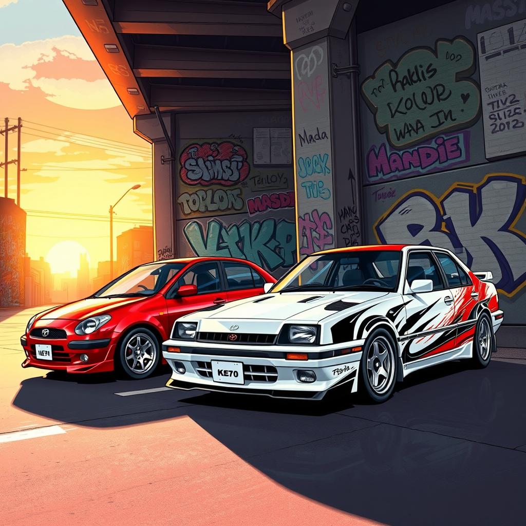 A stunning and artistic illustration of a Toyota KE70 and a Mazda Demio in a vibrant urban setting