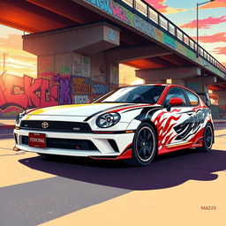 A stunning and artistic illustration of a Toyota KE70 and a Mazda Demio in a vibrant urban setting