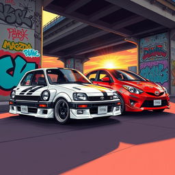 A stunning and artistic illustration of a Toyota KE70 and a Mazda Demio in a vibrant urban setting
