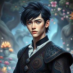 A stunningly handsome young man with pale skin and striking black dark blue hair styled dramatically