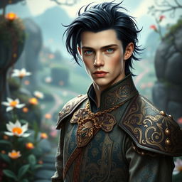A stunningly handsome young man with pale skin and striking black dark blue hair styled dramatically