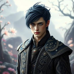 A stunningly handsome young man with pale skin and striking black dark blue hair styled dramatically