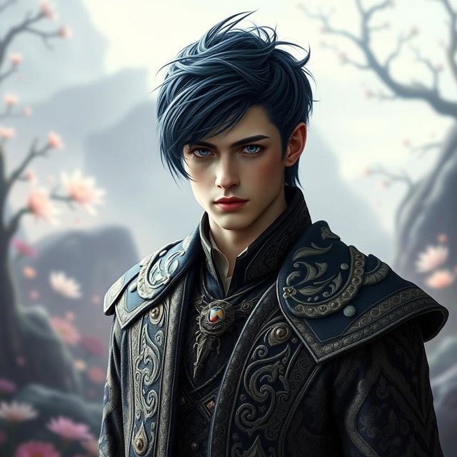 A stunningly handsome young man with pale skin and striking black dark blue hair styled dramatically
