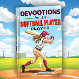 A captivating cover design for a devotional book tailored for softball players, featuring an action-packed illustration of a female softball player mid-swing, with the bat connecting with the ball