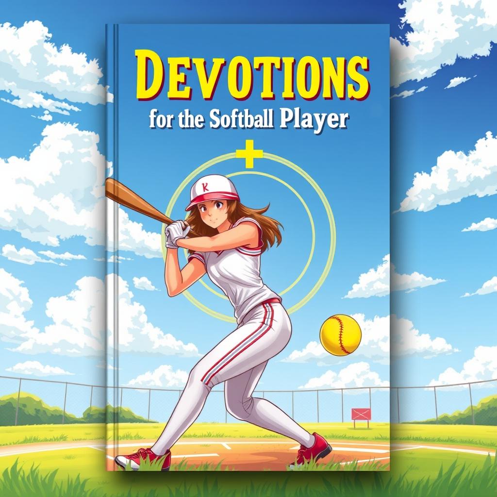 A captivating cover design for a devotional book tailored for softball players, featuring an action-packed illustration of a female softball player mid-swing, with the bat connecting with the ball