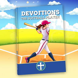 A captivating cover design for a devotional book tailored for softball players, featuring an action-packed illustration of a female softball player mid-swing, with the bat connecting with the ball