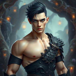 A stunningly handsome young man with a chiseled jawline and well-defined muscles, showcasing his athletic physique