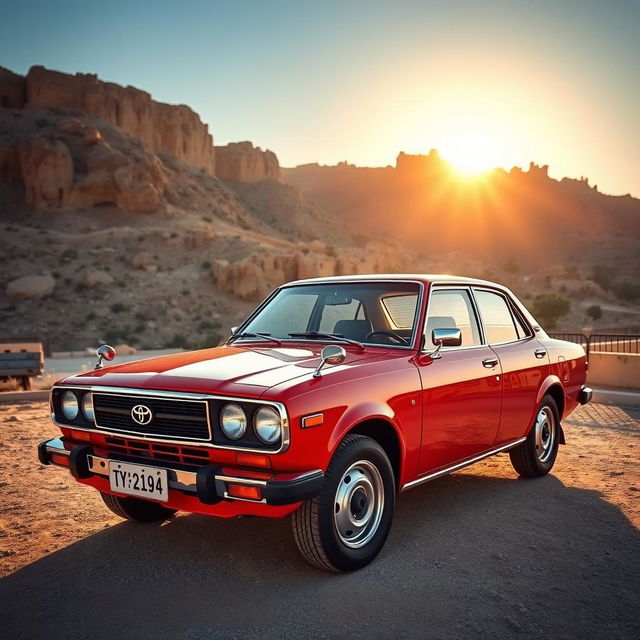 A stunning image of a breathtaking Toyota KE70 with its classic design, parked at the historic site of Masada