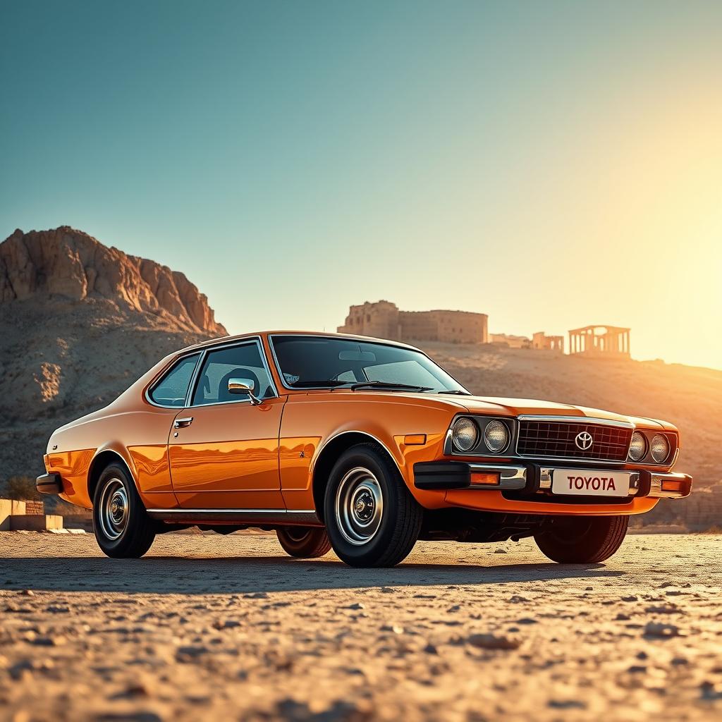 A stunning image of a breathtaking Toyota KE70 with its classic design, parked at the historic site of Masada