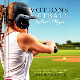 A striking cover design for a devotional book for softball players, featuring a high-resolution photograph of a determined female softball player poised to hit, showcasing her athletic form in action