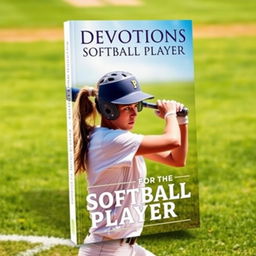 A striking cover design for a devotional book for softball players, featuring a high-resolution photograph of a determined female softball player poised to hit, showcasing her athletic form in action