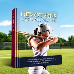 A striking cover design for a devotional book for softball players, featuring a high-resolution photograph of a determined female softball player poised to hit, showcasing her athletic form in action