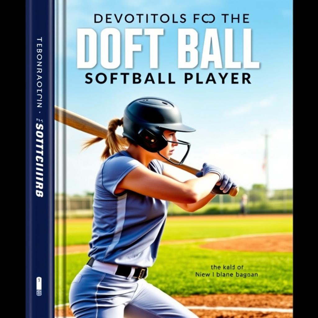 A striking cover design for a devotional book for softball players, featuring a high-resolution photograph of a determined female softball player poised to hit, showcasing her athletic form in action