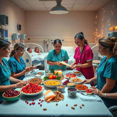 A heartwarming scene depicting nurses celebrating Yalda Night in an ICU hospital