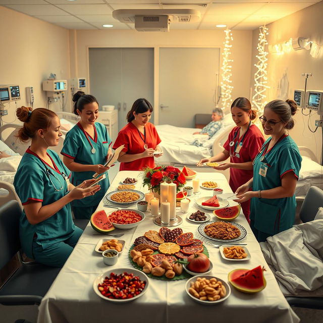 A heartwarming scene depicting nurses celebrating Yalda Night in an ICU hospital