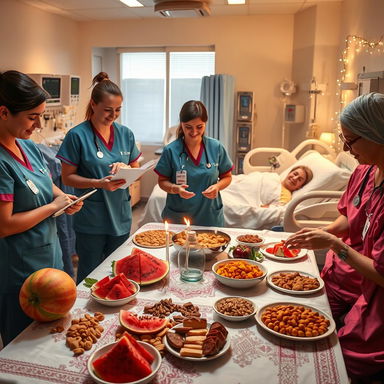 A heartwarming scene depicting nurses celebrating Yalda Night in an ICU hospital