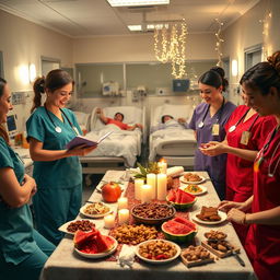 A heartwarming scene depicting nurses celebrating Yalda Night in an ICU hospital