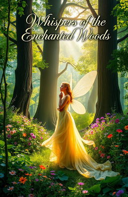 A stunning book cover featuring a serene and enchanted forest scene, with vibrant greenery, delicate wildflowers in a variety of colors, and dappled sunlight filtering through tall, ancient trees